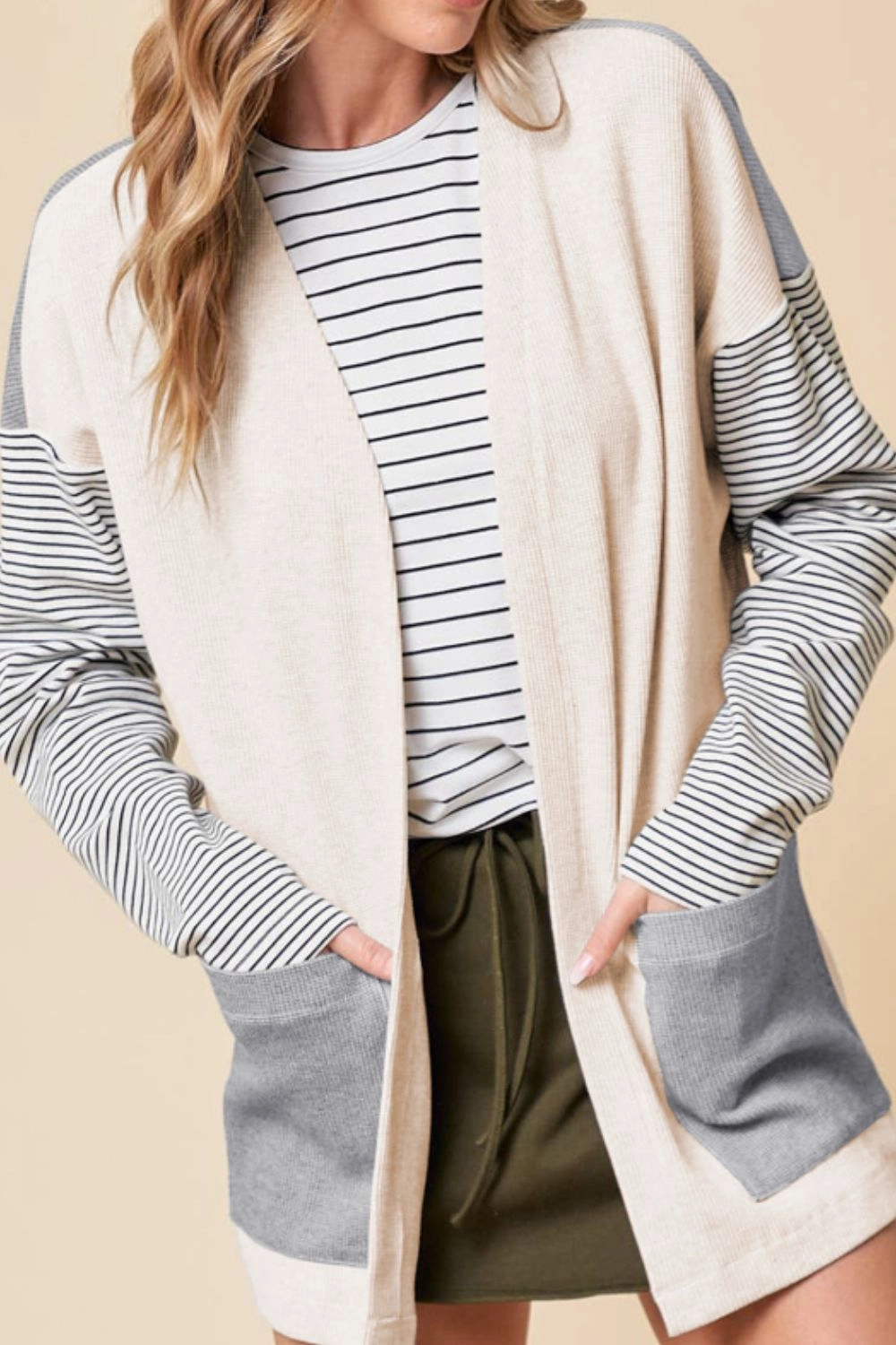Open Front Long Sleeve Striped Cardigan With Pockets Todays Special Picks
