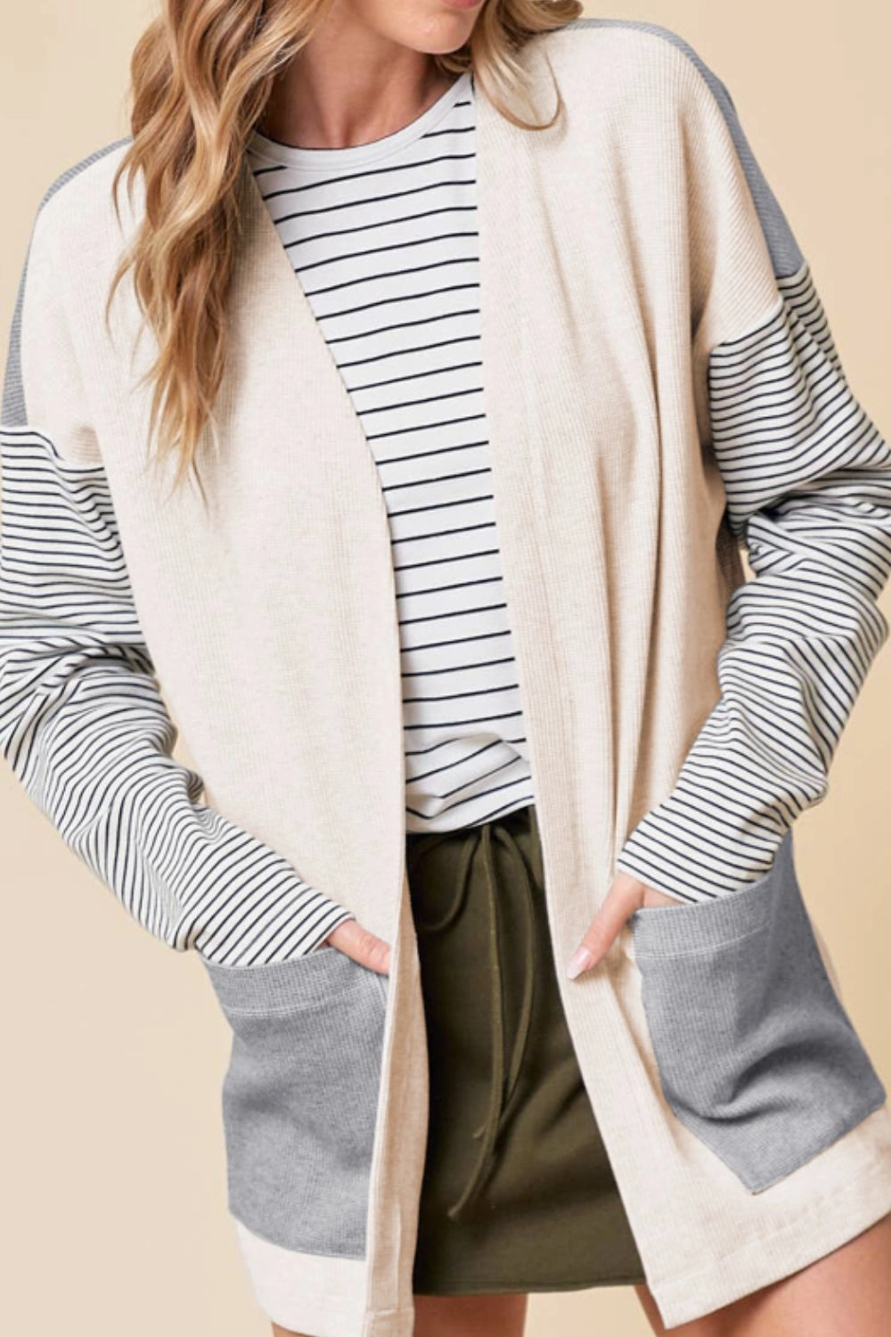 Limited Time Steal Open Front Long Sleeve Striped Cardigan With Pockets