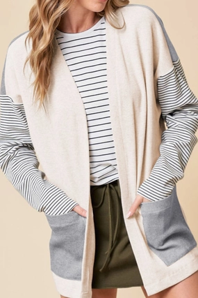 Open Front Long Sleeve Striped Cardigan With Pockets Hot Pick Deal Sweet Deal Inside