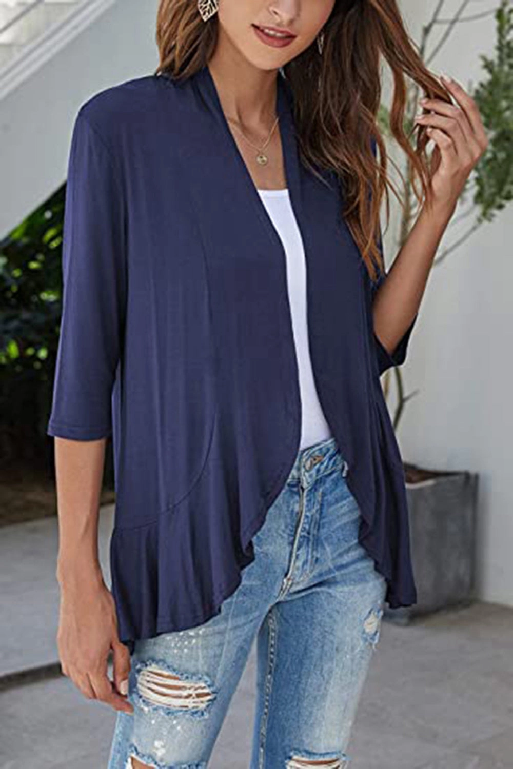 Trending Hot Deal Biggest Savings Now Open Front Three-Quarter Sleeve Cardigan