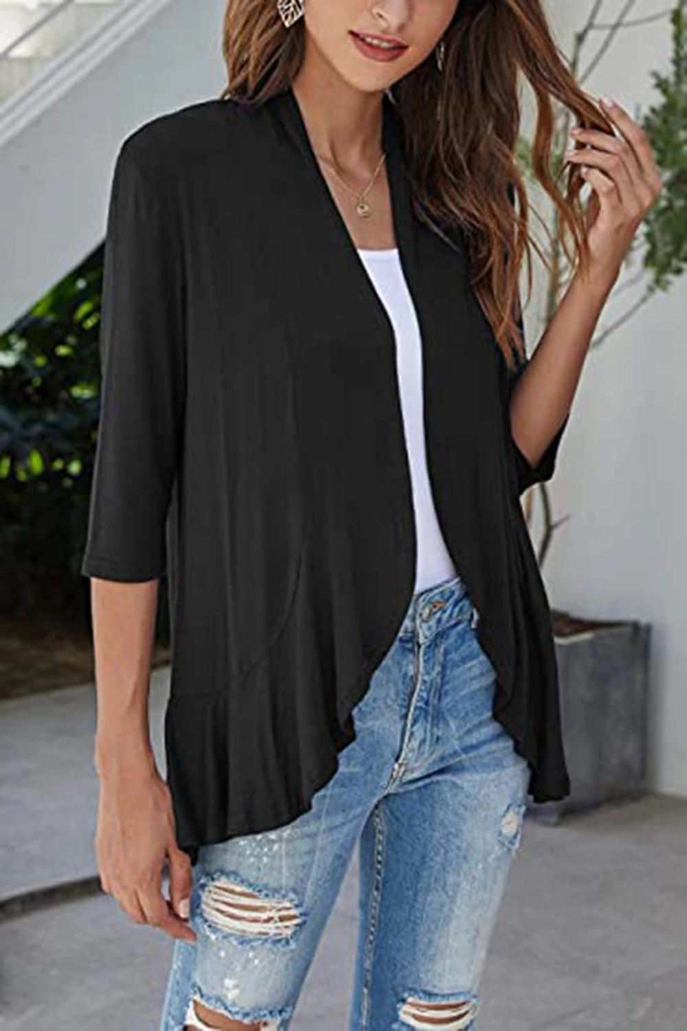 Trending Now Offer MustHave Deals Open Front Three-Quarter Sleeve Cardigan