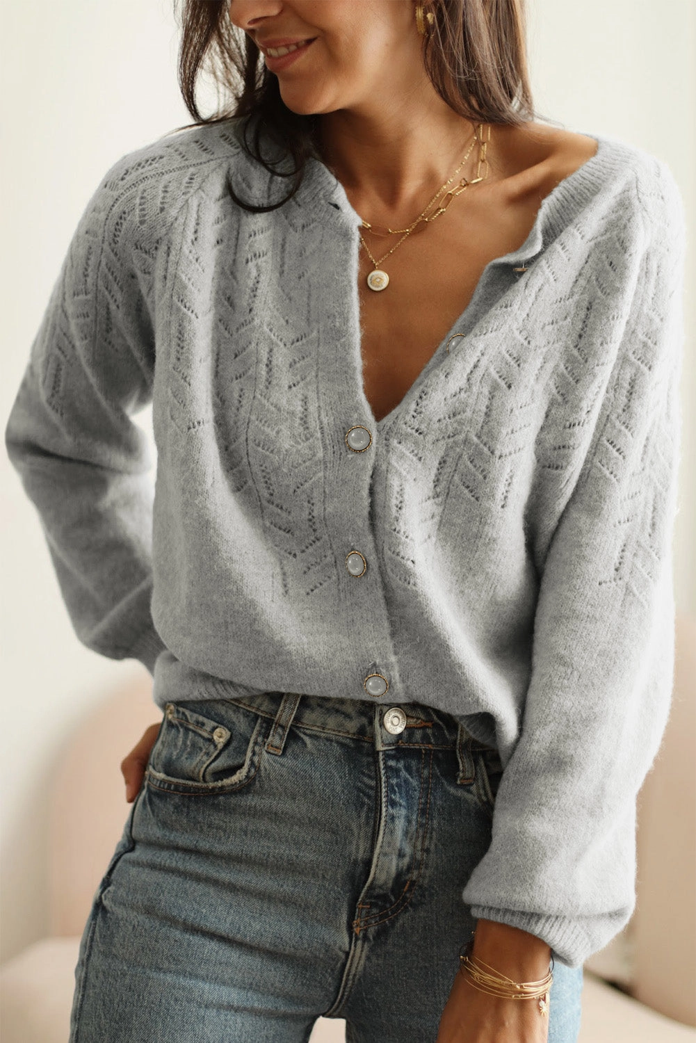 Save Today Only Openwork Button Down Long Sleeve Cardigan