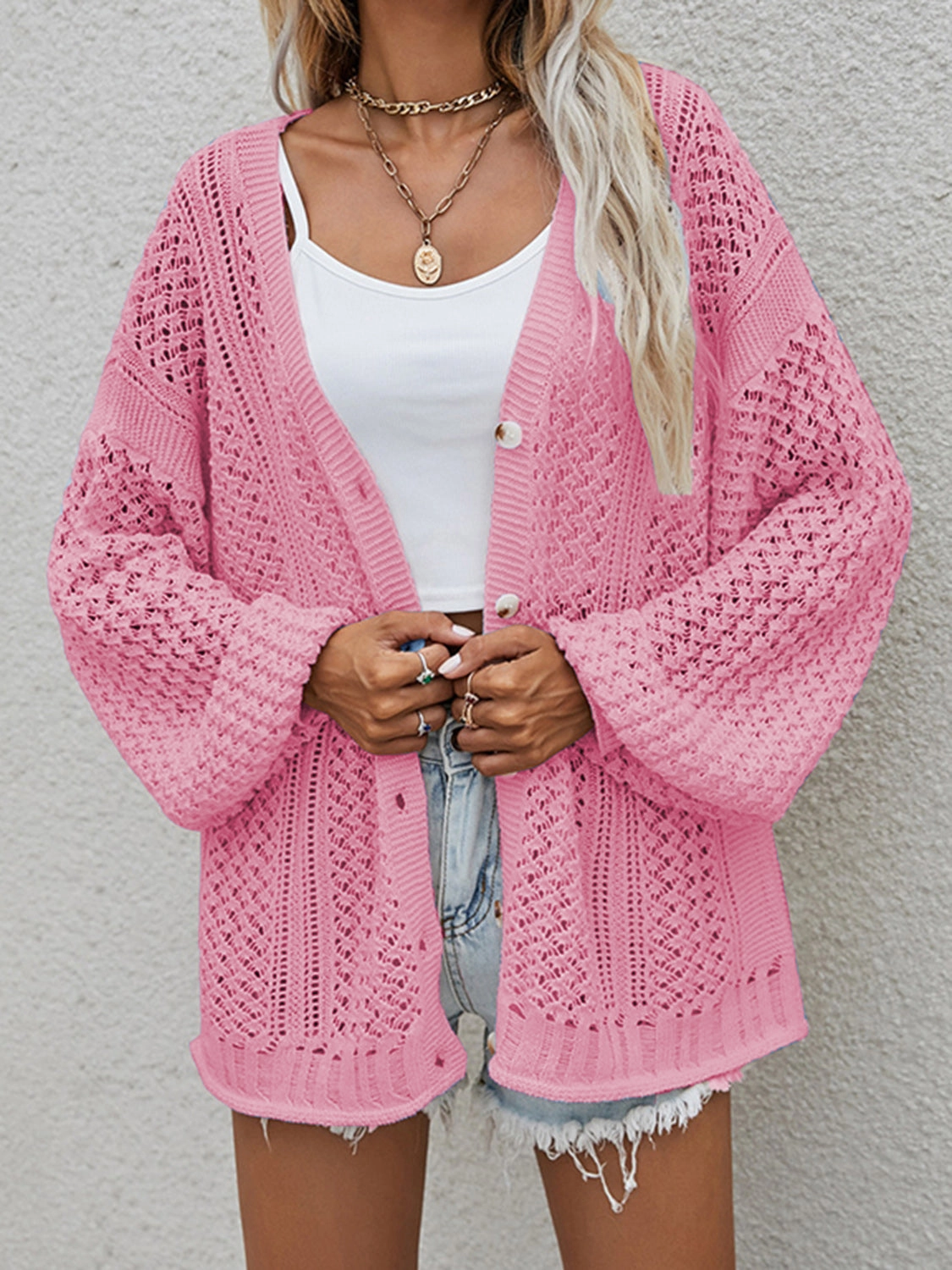 Mega Discount Today Shop Smart Deals Openwork Button Front Cardigan