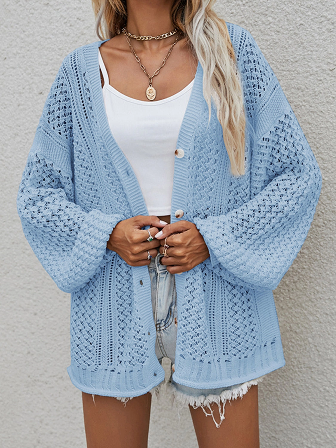 Openwork Button Front Cardigan Save More Online