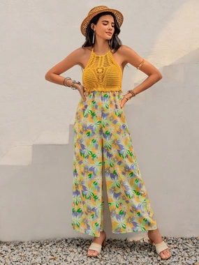 Openwork Halter Neck Floral Wide Leg Jumpsuit Mega Discount Event