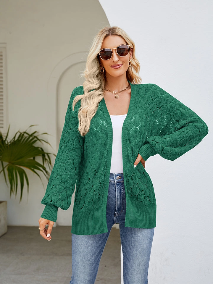 Shop Grab Savings Openwork Open Front Lantern Sleeve Cardigan