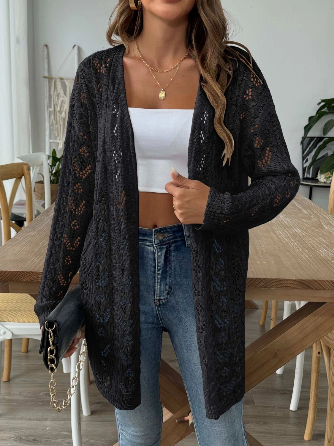 Grab It Fast Openwork Open Front Long Sleeve Cardigan