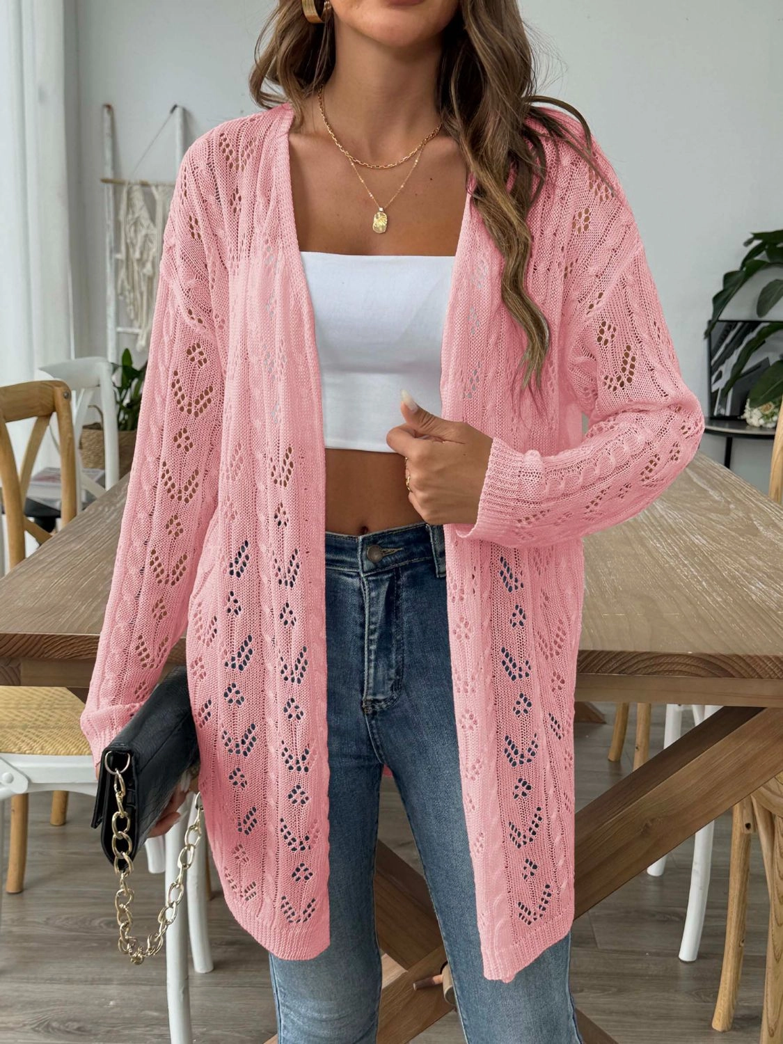 Openwork Open Front Long Sleeve Cardigan Mega Discount Event Instant Discount