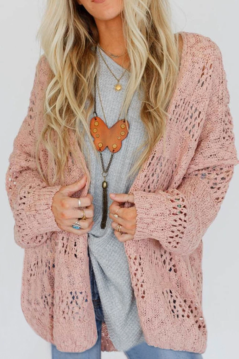 Openwork Open Front Long Sleeve Cardigan Limited Time Discount
