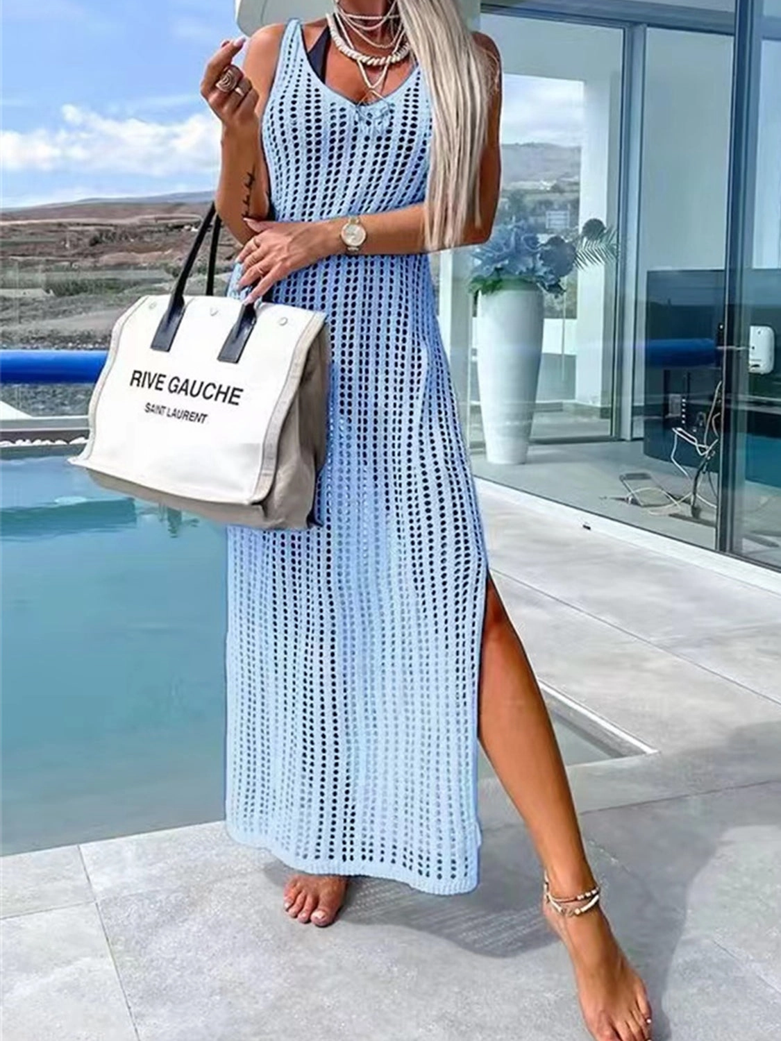 Clearance Alert Now Openwork Slit Cutout Wide Strap Dress