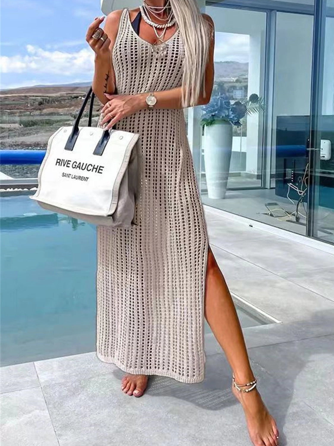Openwork Slit Cutout Wide Strap Dress Big Sale Today