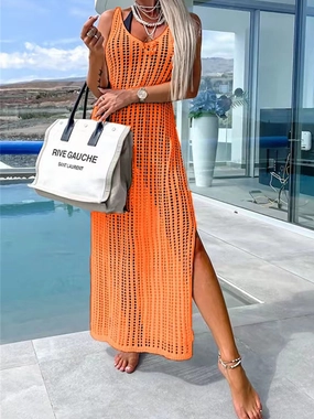Trending Now Offer Openwork Slit Cutout Wide Strap Dress