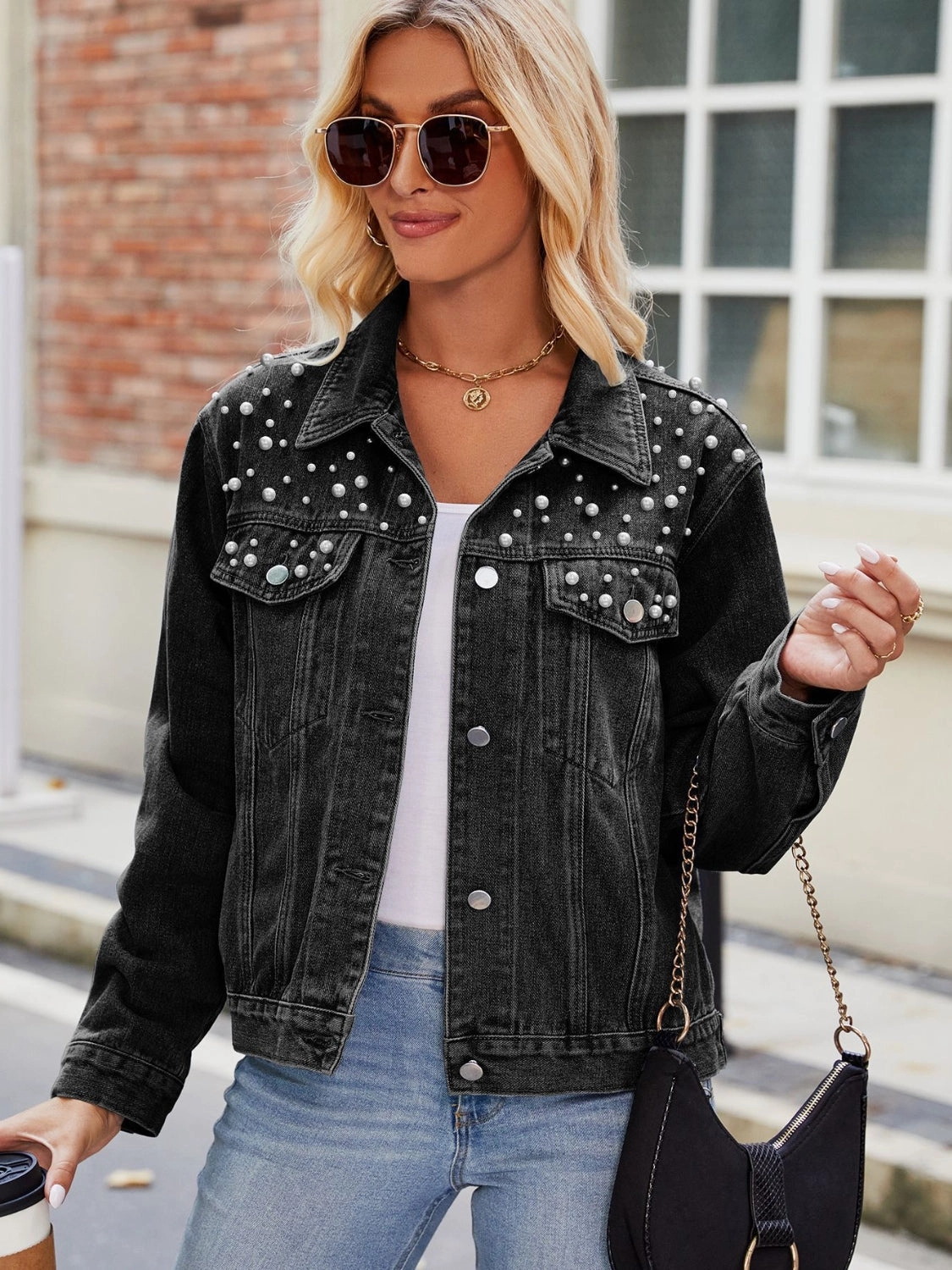 Mega Hot Offer Hot Pick Sale Pearl Detail Collared Neck Long Sleeve Denim Jacket