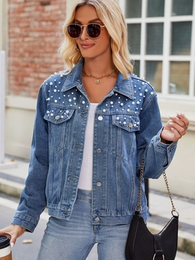 Trending Now Offer Pearl Detail Collared Neck Long Sleeve Denim Jacket