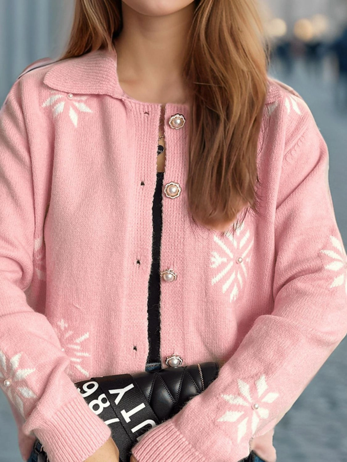Pearl Trim Collared Neck Long Sleeve Cardigan Sweet Deal Today