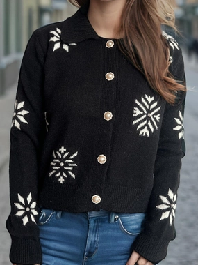 Mega Discount Today Pearl Trim Collared Neck Long Sleeve Cardigan