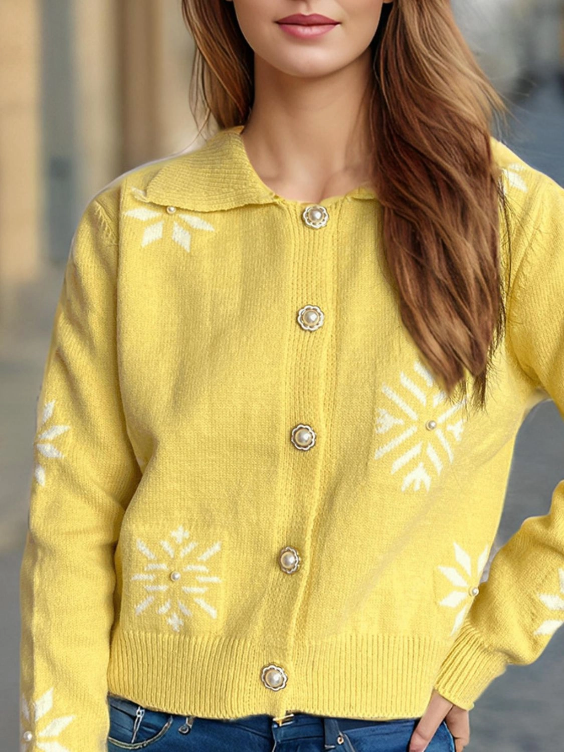 Flash Pick Today Pearl Trim Collared Neck Long Sleeve Cardigan