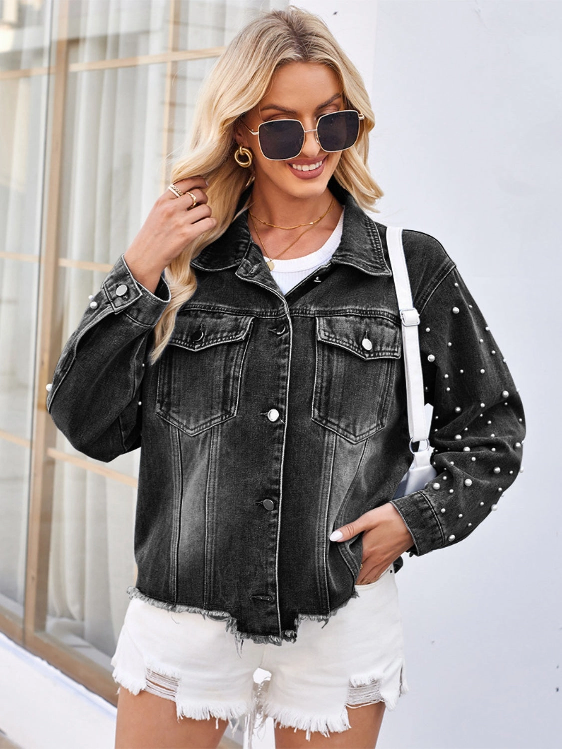 Pearl Trim Raw Hem Denim Jacket Hot Pick Sale