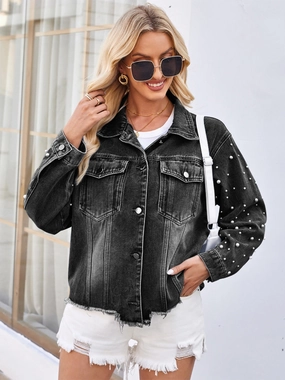 Grab Your Hot Pick Limited Stock Offer Pearl Trim Raw Hem Denim Jacket