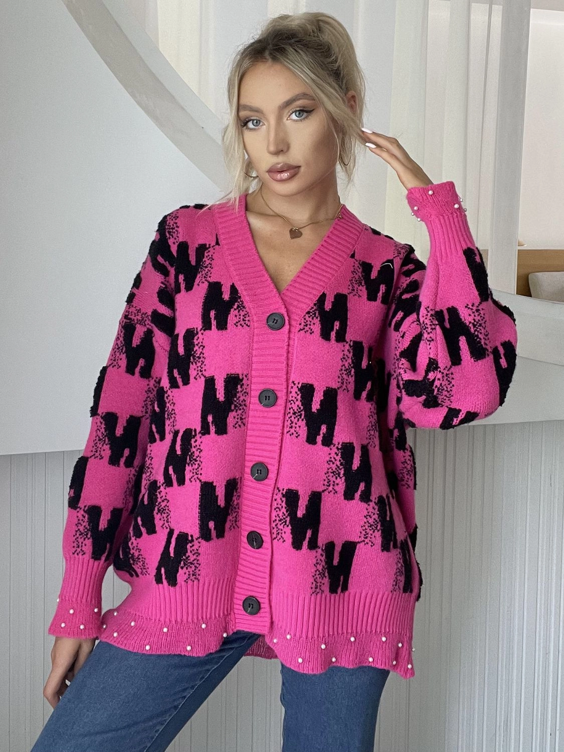 Pearl Trim V-Neck Button Up Cardigan Hot Sale Today