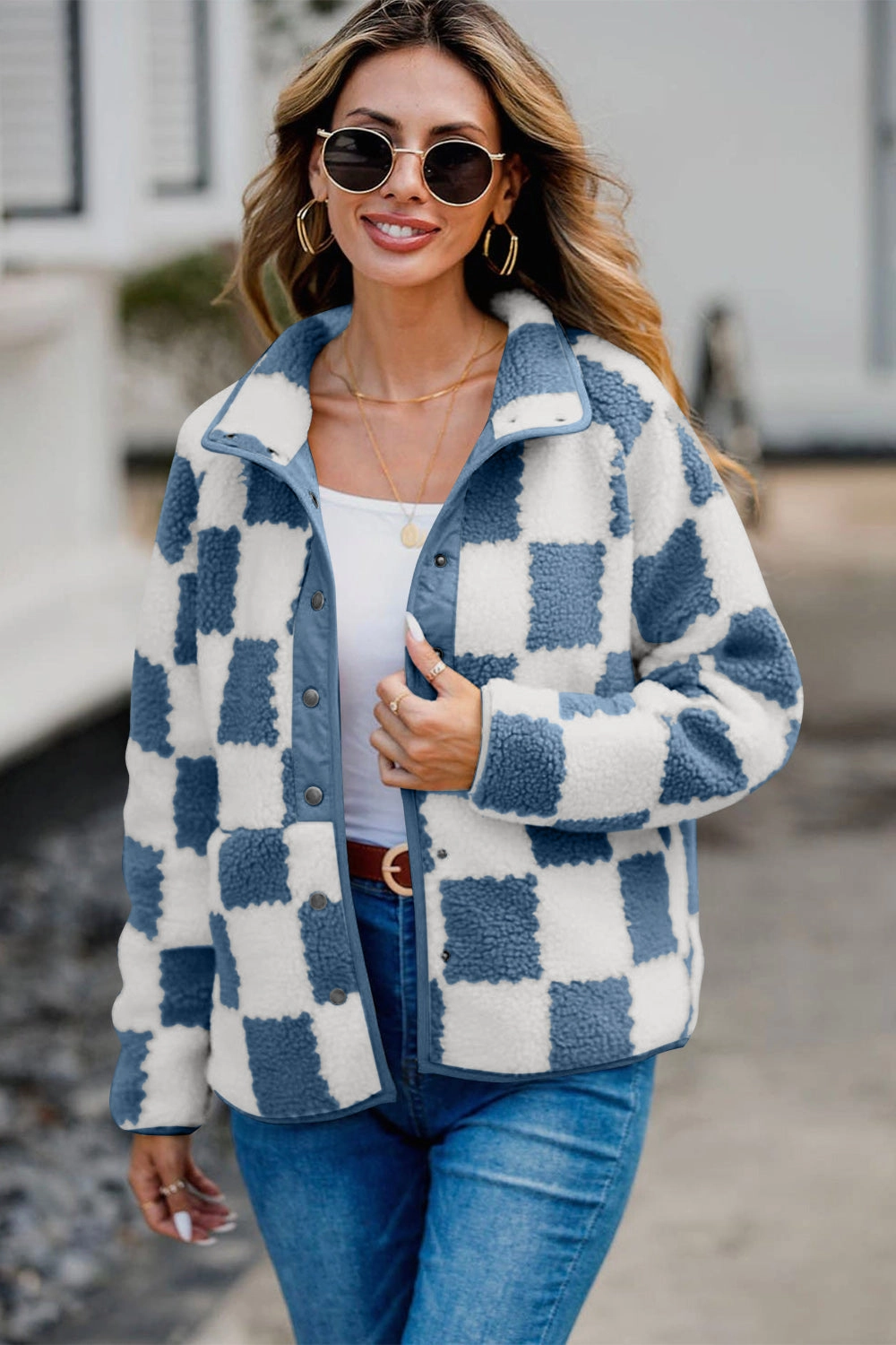 Checkered Snap Down Long Sleeve Teddy Jacket Limited Time Discount MustHave Items