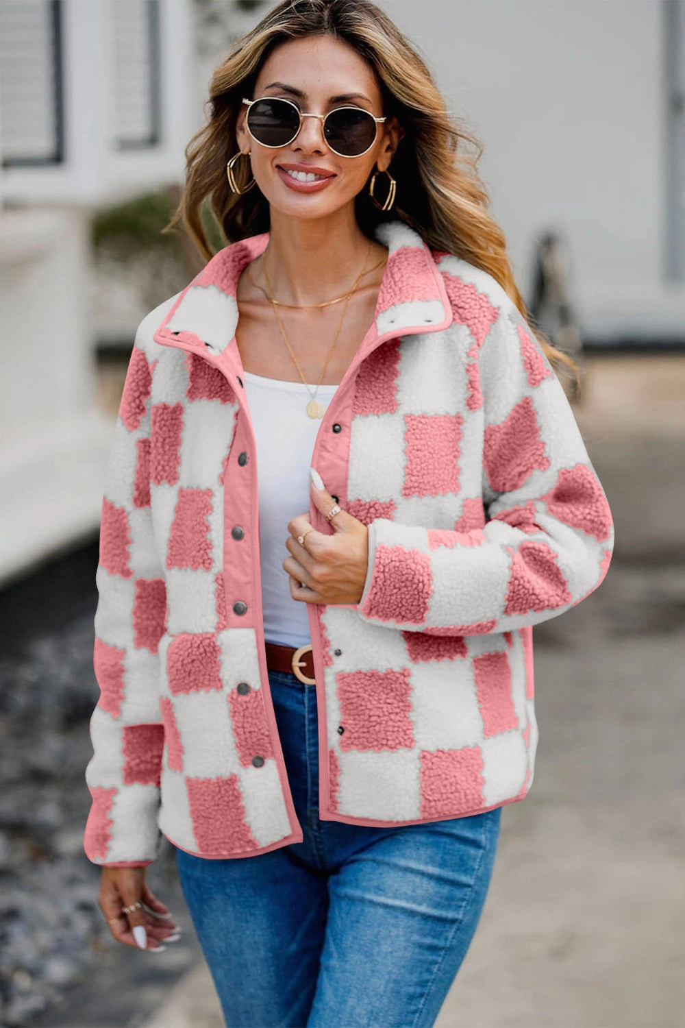 Checkered Snap Down Long Sleeve Teddy Jacket Last Chance Steal