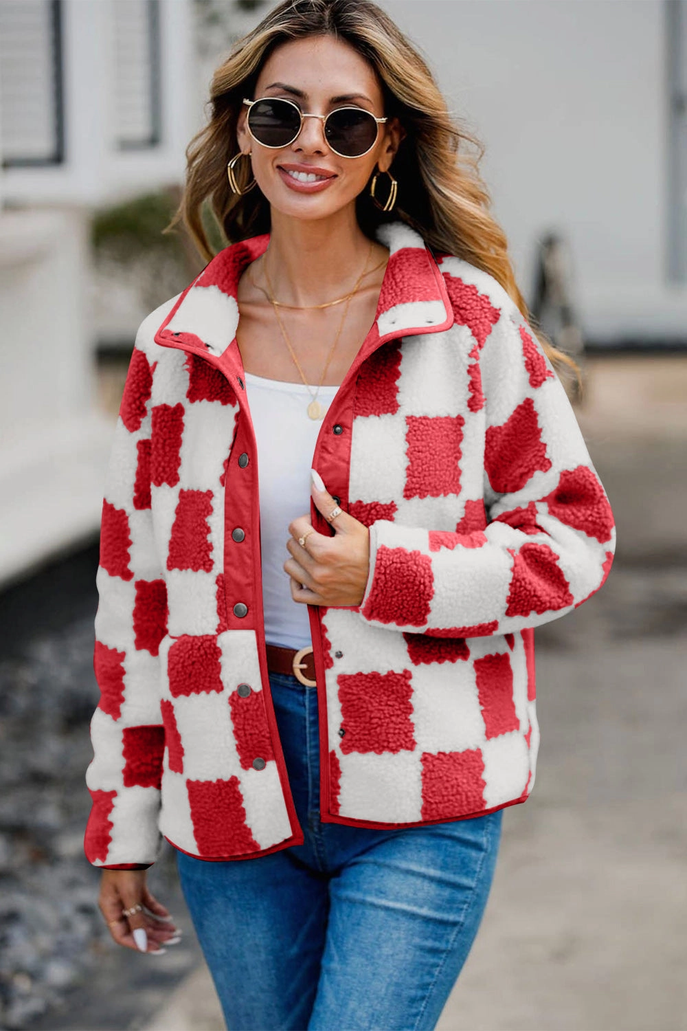 Today Only Offer Checkered Snap Down Long Sleeve Teddy Jacket