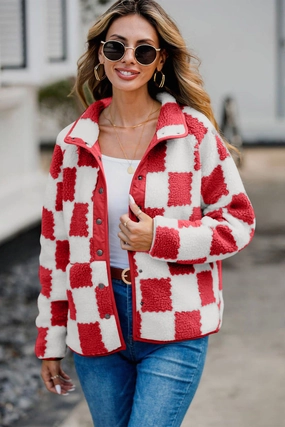Checkered Snap Down Long Sleeve Teddy Jacket Limited Offer Alert MustHave Items