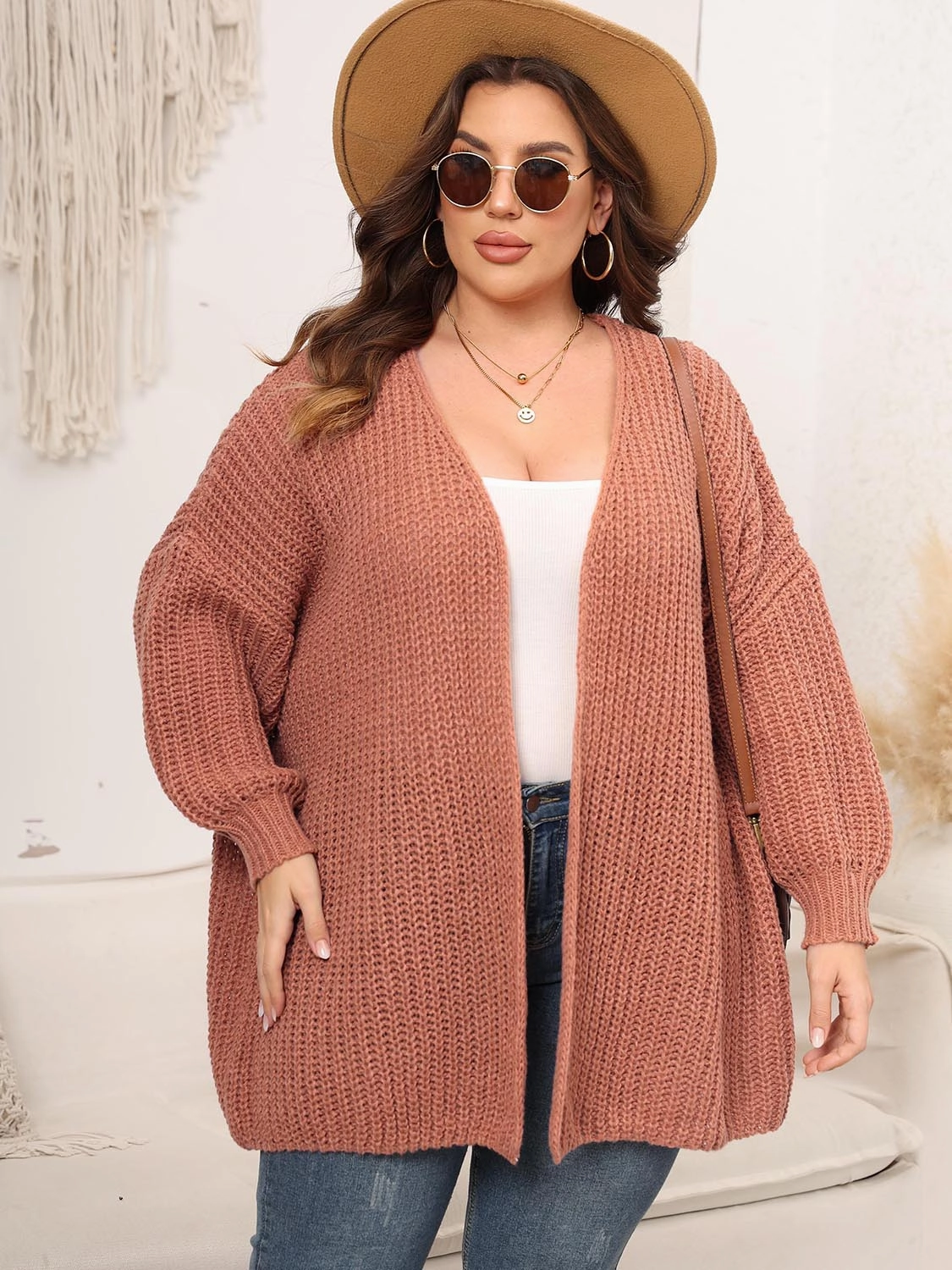 MustHave Clearance Special Price Today Plus Size Open Front Dropped Shoulder Knit Cardigan