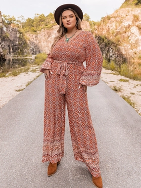 Plus Size Printed V-Neck Tie Front Balloon Sleeve Jumpsuit Special Occasion Discount