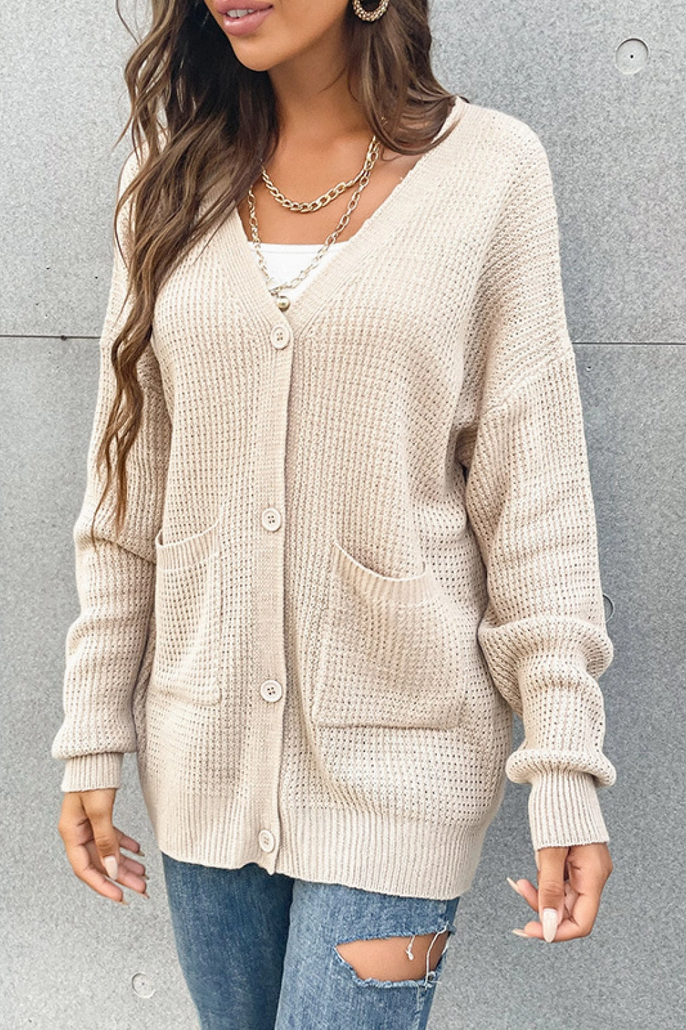 Exclusive Online Discount Perfee Button Front Drop Shoulder Waffle Cardigan