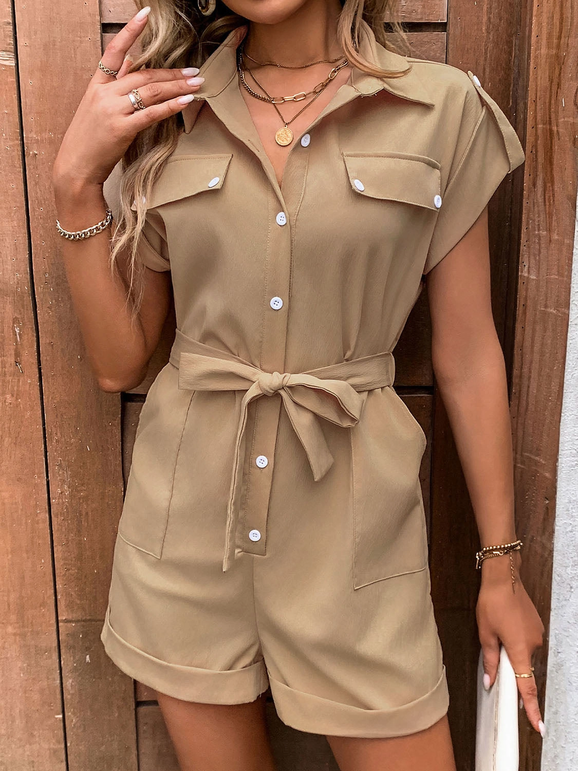Big Hot Sale Perfee Collared Neck Tie Waist Romper With Pockets