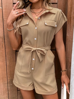 Perfee Collared Neck Tie Waist Romper With Pockets Shop Smart Save Limited Stock Offer