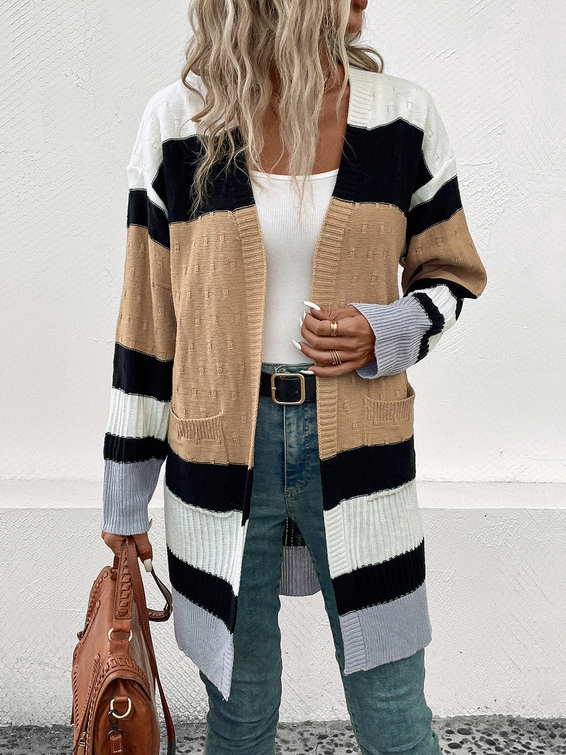 Best Seller Deal Perfee Color Block Open Front Drop Shoulder Cardigan