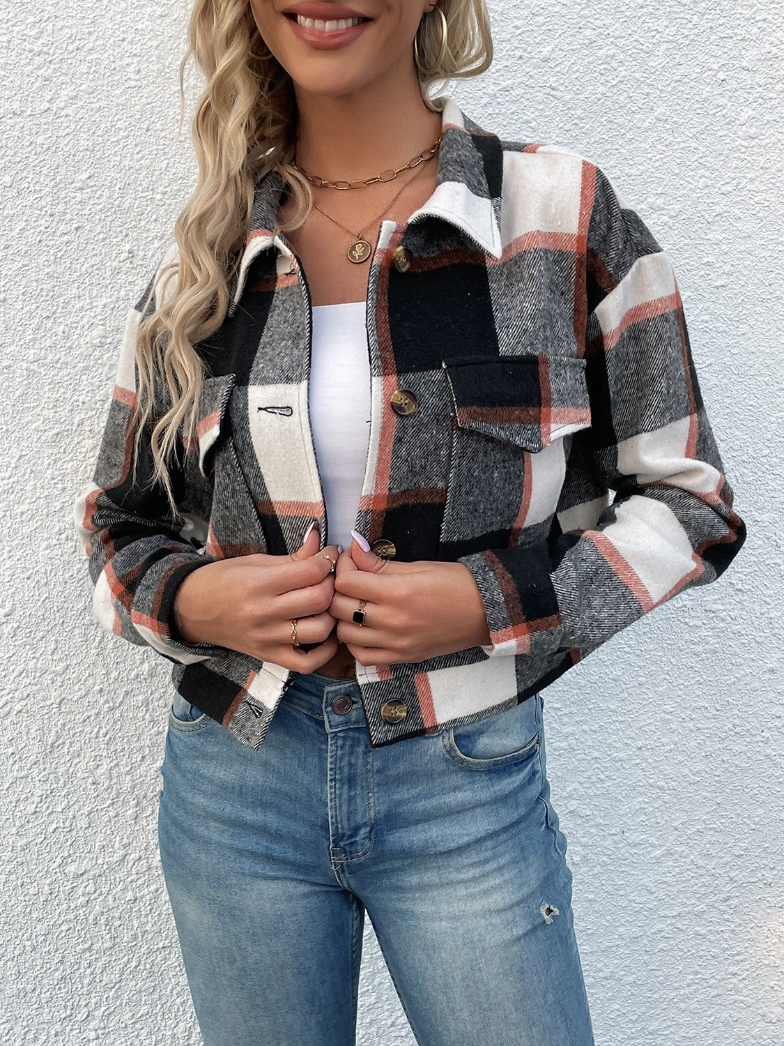 Special Surprise Sale Hot Clearance Now Perfee Plaid Button Up Drop Shoulder Cropped Jacket