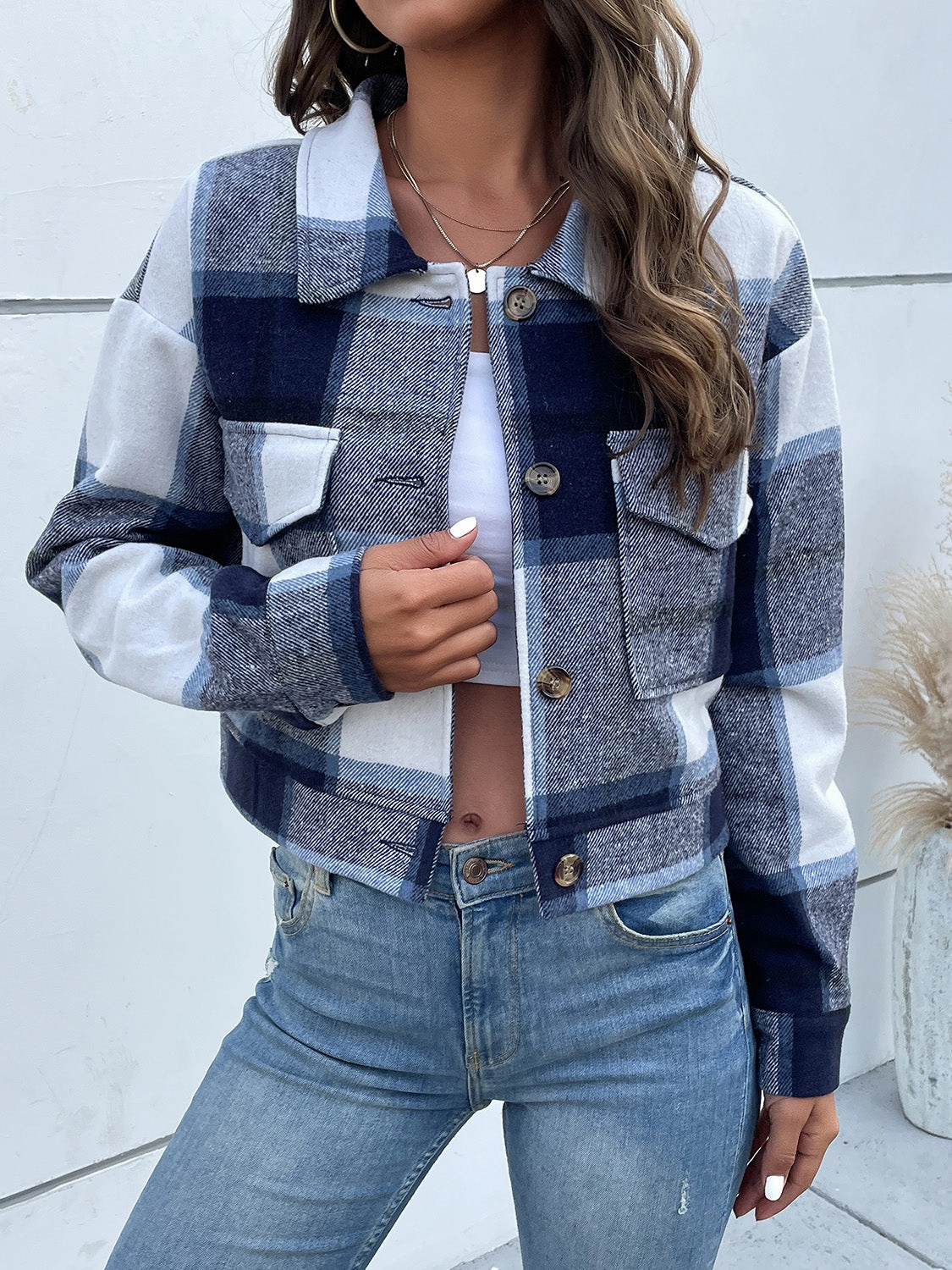Hot Price Drop Perfee Plaid Button Up Drop Shoulder Cropped Jacket
