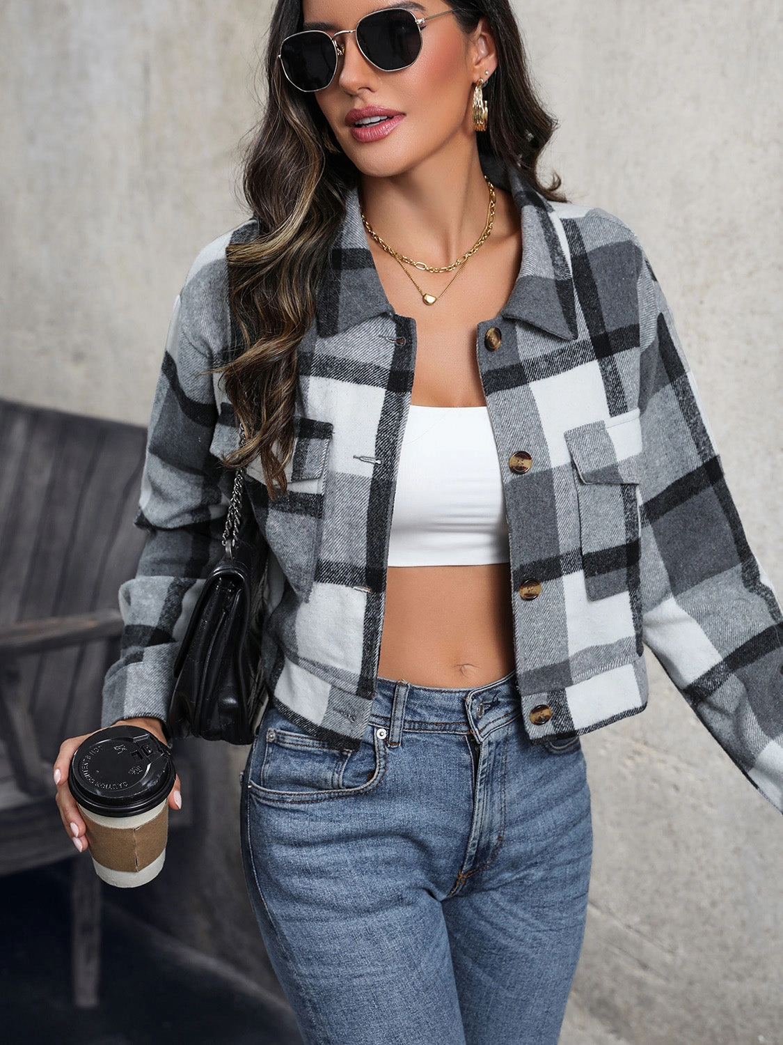 Todays Mega Savings Perfee Plaid Button Up Drop Shoulder Cropped Jacket