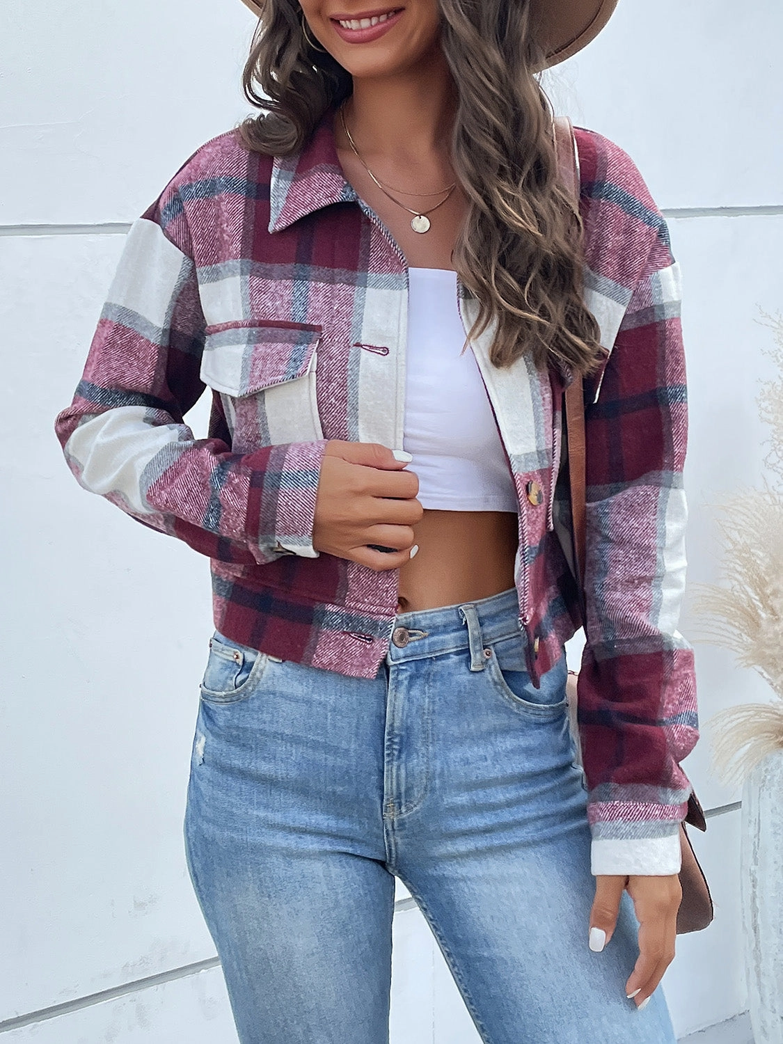 Big Price Drop Perfee Plaid Button Up Drop Shoulder Cropped Jacket