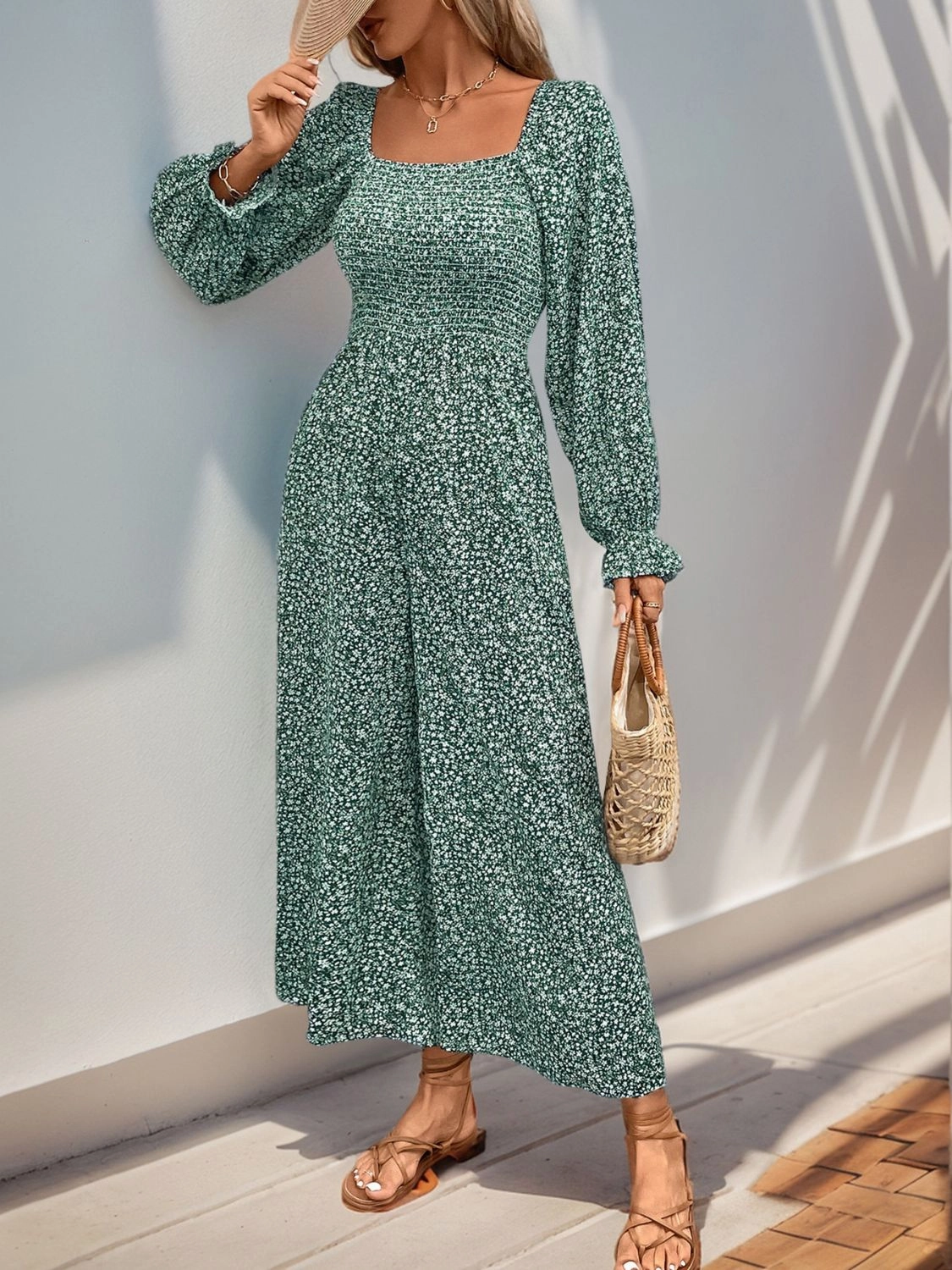 Perfee Smocked Printed Long Sleeve Wide Leg Jumpsuit Special Deals Online