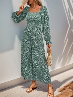 Perfee Smocked Printed Long Sleeve Wide Leg Jumpsuit Shop the Best Deals