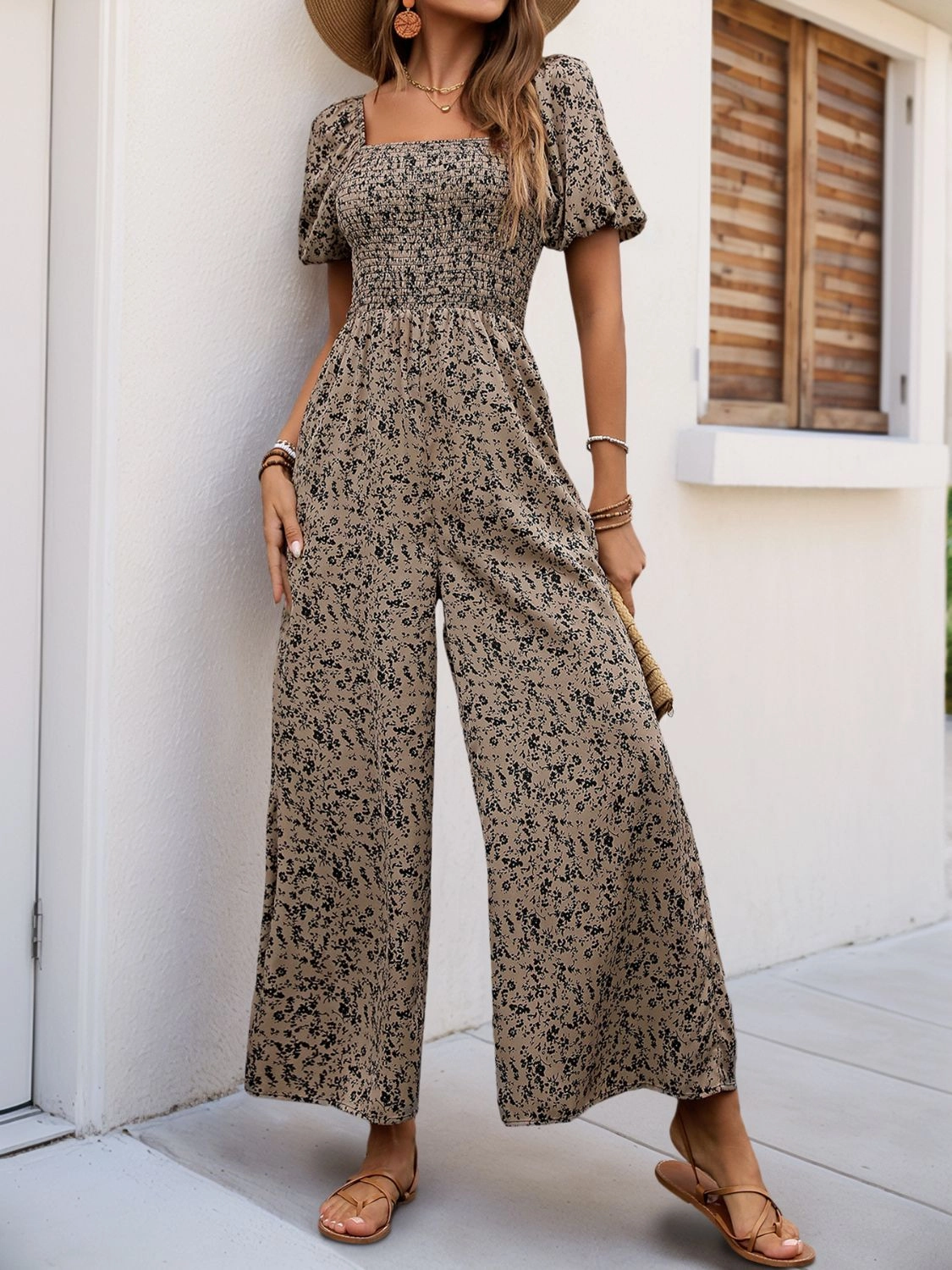 Perfee Smocked Printed Square Neck Puff Sleeve Jumpsuit Hot Picks Today