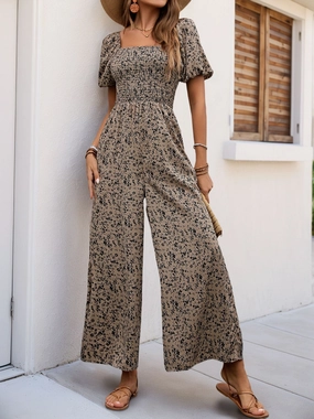Perfee Smocked Printed Square Neck Puff Sleeve Jumpsuit Hot Picks Today