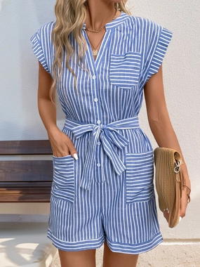 Perfee Striped Notched Tie Waist Romper Limited Edition Offer