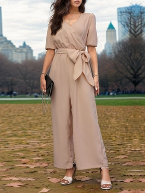 Instant Hot Deal Perfee Tied Short Sleeve Wide Leg Jumpsuit