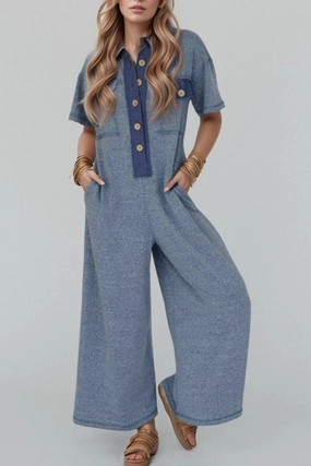 Placket Chest Pockets Short Sleeve Wide Leg Jumpsuit Big Savings Today Hot Discount Deal