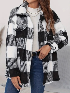 Perfect Gift Offer Special Deals Online Plaid Button Up Long Sleeve Fuzzy Outerwear
