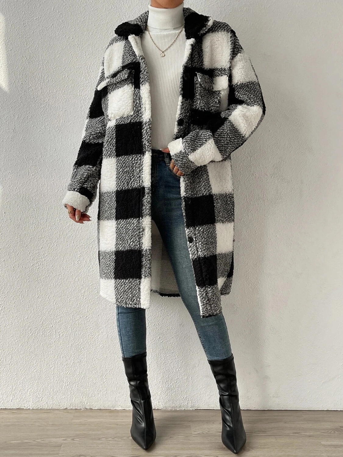Plaid Collared Neck Button Down Coat Save More Online