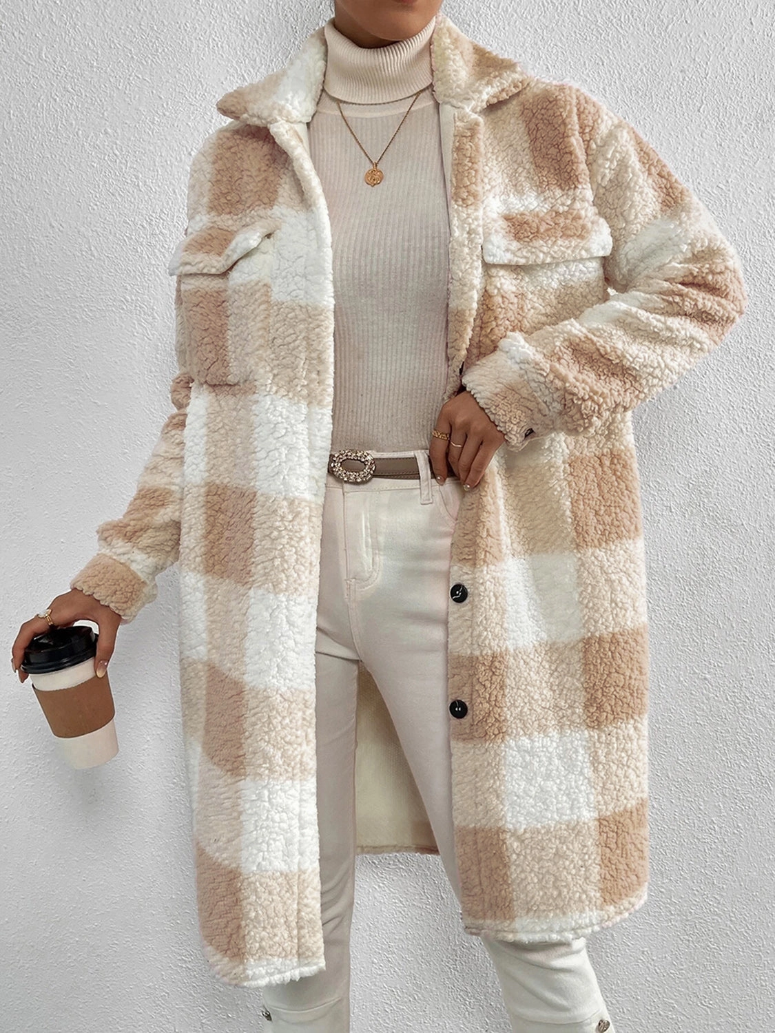 Plaid Collared Neck Button Down Coat Instant Deal Today Best Price Online