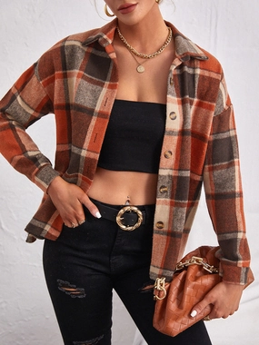 Plaid Collared Neck Button Down Jacket Special Price Today