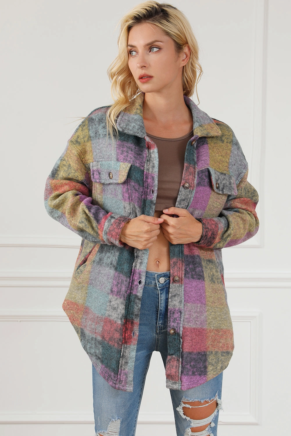 Grab Save Today Special Price Today Plaid Collared Neck Button Front Jacket